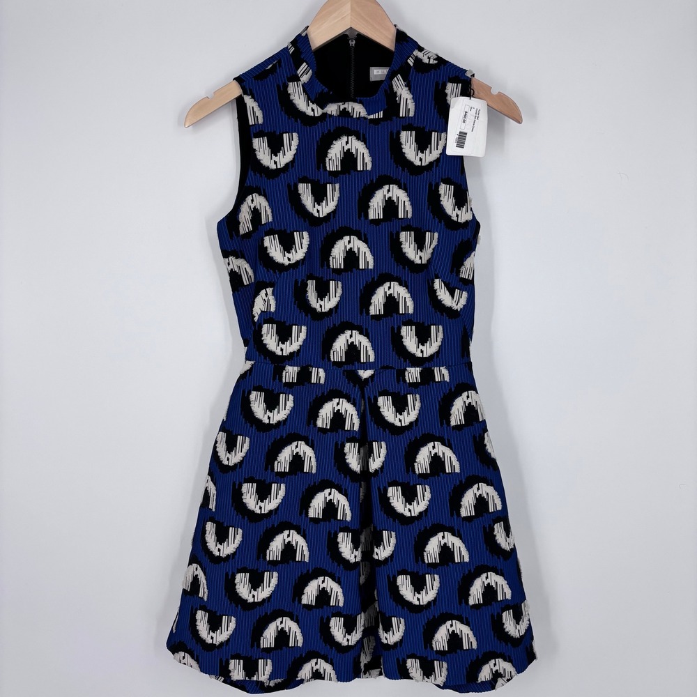 Hunter Bell Stevie Dress Women 4 Blue Black White Geometric Cutout Back Mini NEW